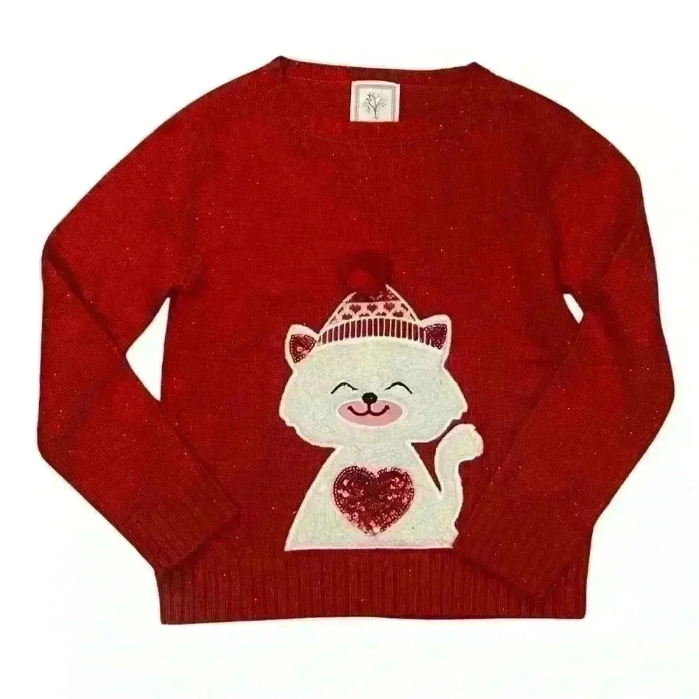 Colortree Kids Kitty Christmas Valentine Sweater M Red Sparkly